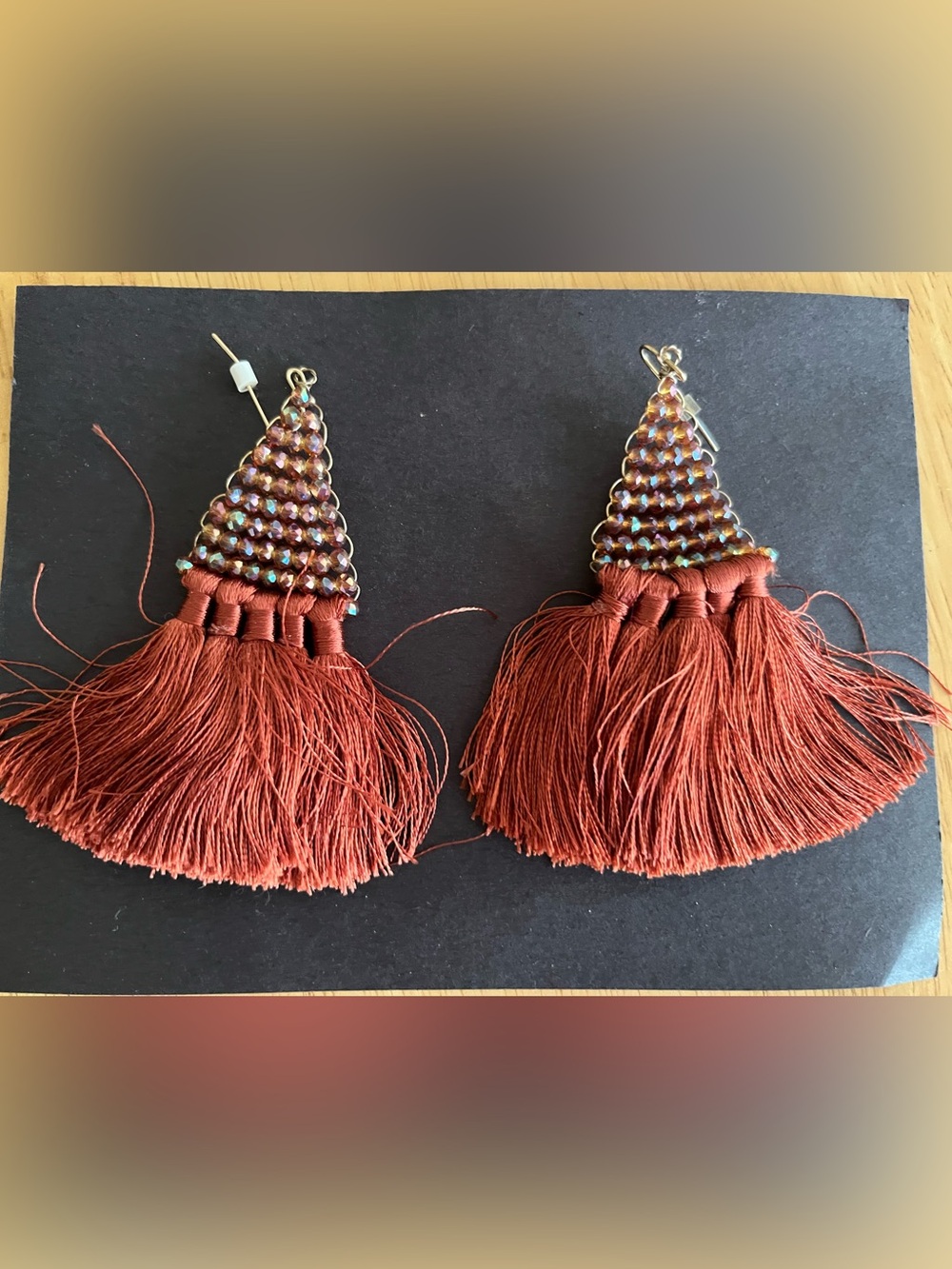 Rust Tassel Beaded Triangle Drop Earrings